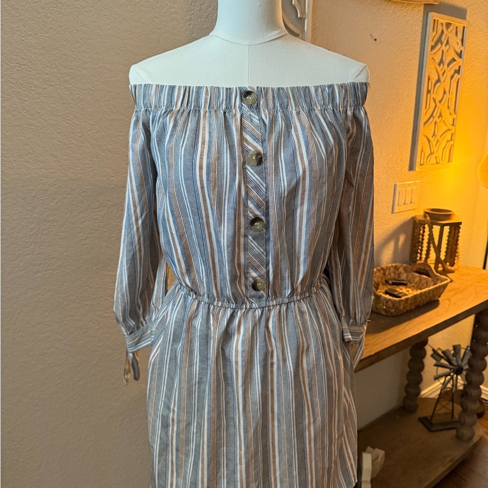 Blush Blue and White Striped Off-Shoulder Dress